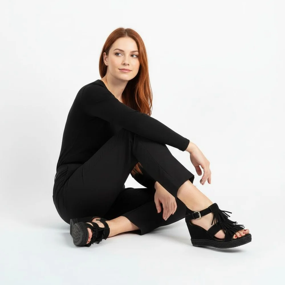 Bernardo Black Suede Fringe Wedge Sandals - 6